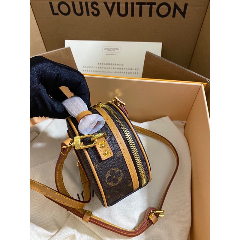 túi xách tay mini dáng hộp tròn da in logo có dây đeo chéo louis vuitton LV