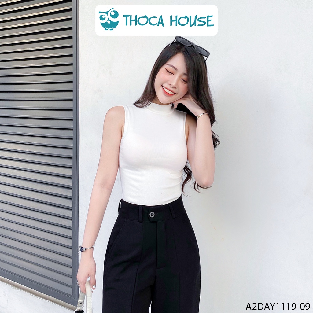 Áo croptop cổ cao trắng đen vải mịn THOCA HOUSE năng động, dễ phối đồ đi học, đi làm