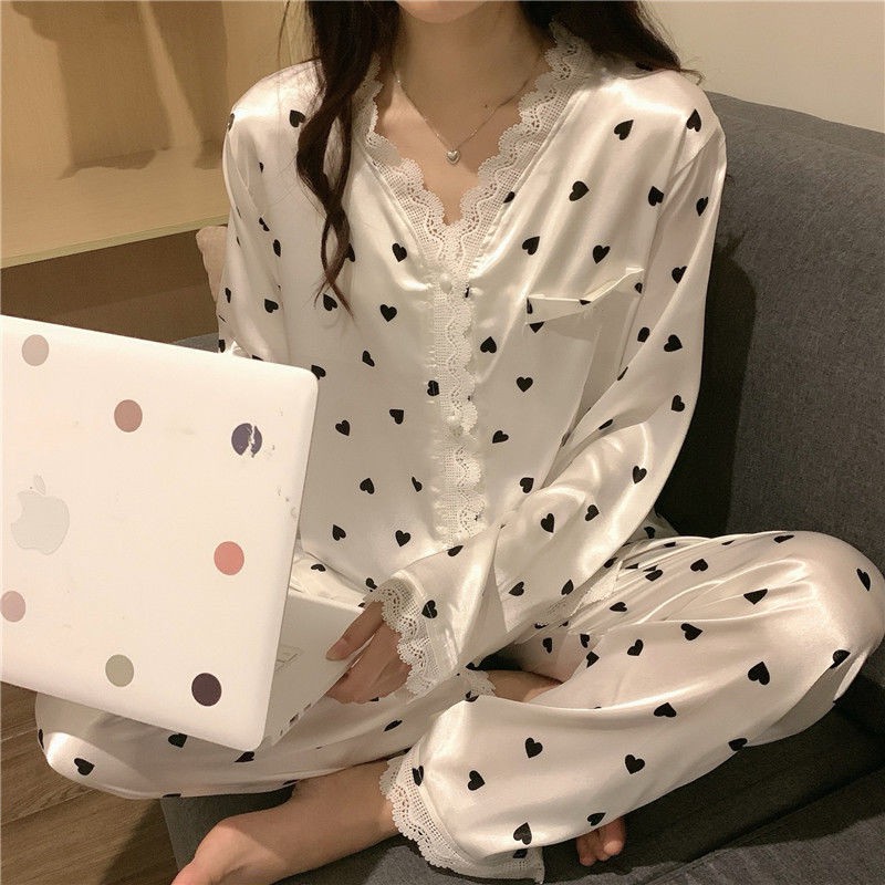Bộ Đồ Ngủ Pijama Dài Tay Vải Lụa Phối Ren Gợi Cảm Cho Nữ | BigBuy360 - bigbuy360.vn