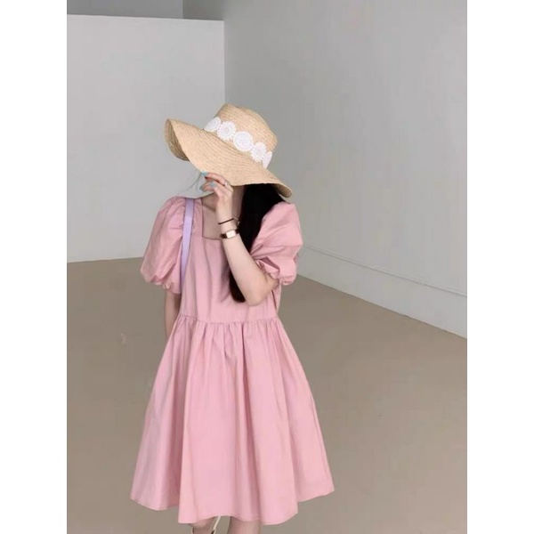 Váy babydoll màu Hồng, cổ vuông tay phồng hàng Quảng Châu siêu xinh - Có sẵn