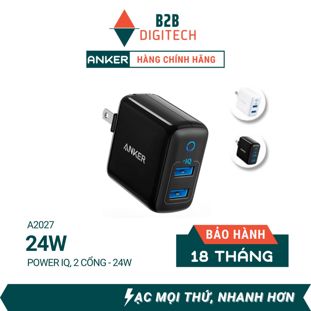 Sạc ANKER PowerPort II 2 cổng PIQ 24w - Mã A2027 Bảo Hành Chính Hãng 18 Tháng