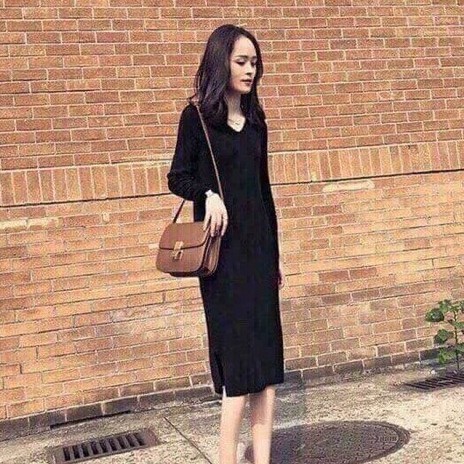 [ Mã FAMAYWA2 giảm 10K đơn 50K] Đầm nữ cổ tim dài tay dáng rộng vải len tăm xẻ tà | BigBuy360 - bigbuy360.vn