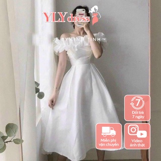 Váy trắng bẹt vai nhún bèo freeasize tiểu thư dáng xòe chiết eo váy đầm nữ trắng dự tiệc ylydress C440