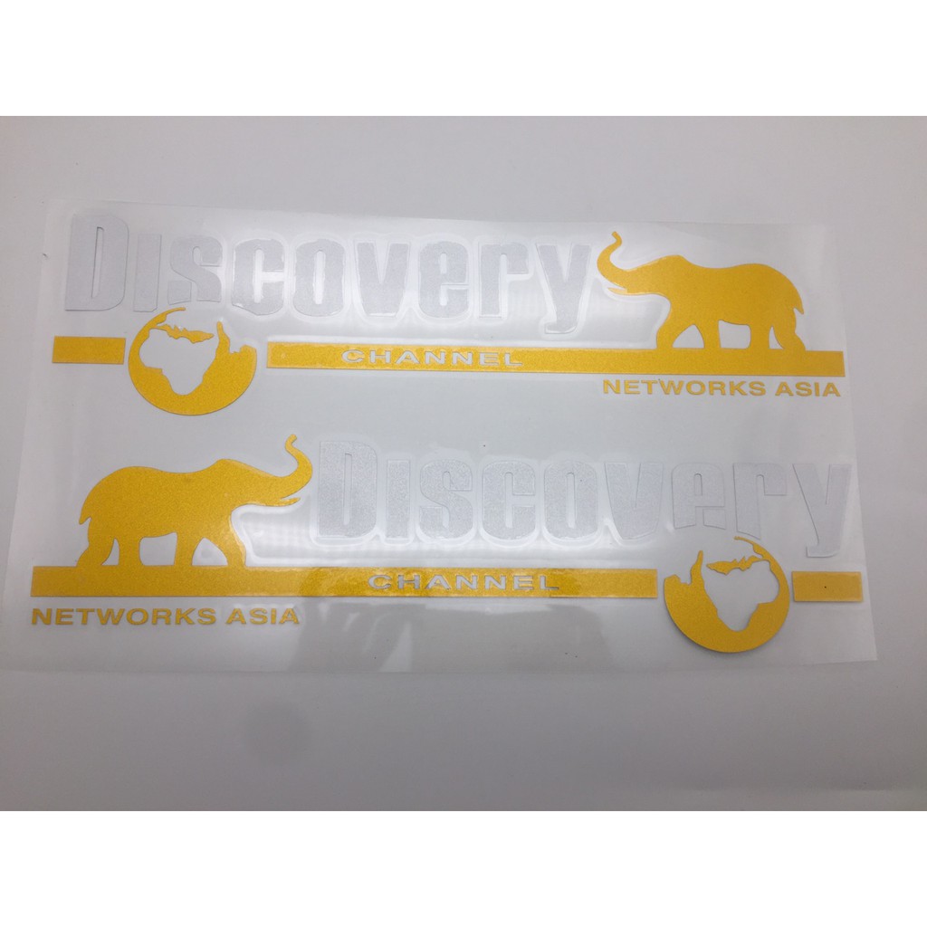 Bộ 2 tem dán decal DISCOVERY CHANNEL vàng đen trắng phong cách