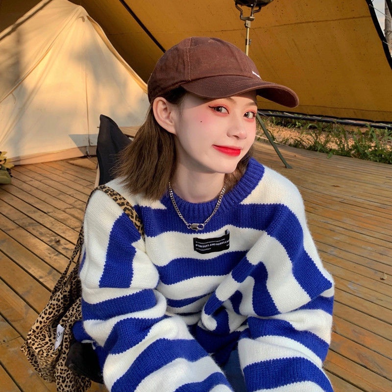 Áo Len Dài Tay Cổ Tròn Form Rộng Họa Tiết Kẻ Sọc Thiết Kế Mới Thời Trang Theo Phong Cách Hàn Quốc Dành Cho Nữ