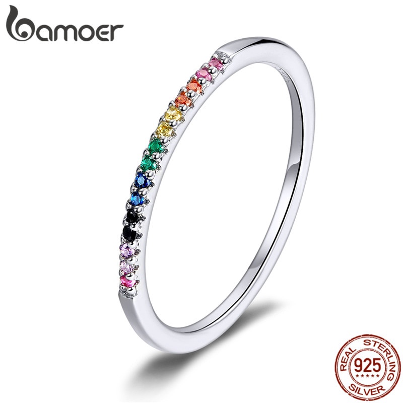 Bamoer Nhẫn bạc 925 Pha lê màu cầu vồng cho phụ nữ Trang sức tuyên bố đám cưới