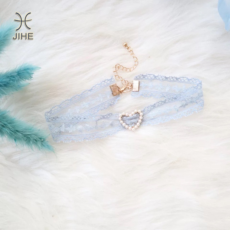 Vòng Cổ Choker Màu Xanh Dương Phối Ren Và Hạt Ngọc Trai Thời Trang Nhật Hàn