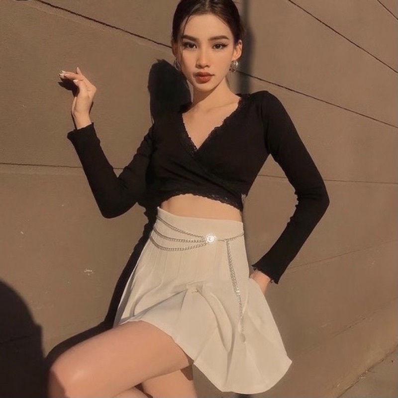 Áo croptop nữ kiểu tay dài, áo crt ôm cổ V sexy dây buột LIKANO CRT81 | BigBuy360 - bigbuy360.vn