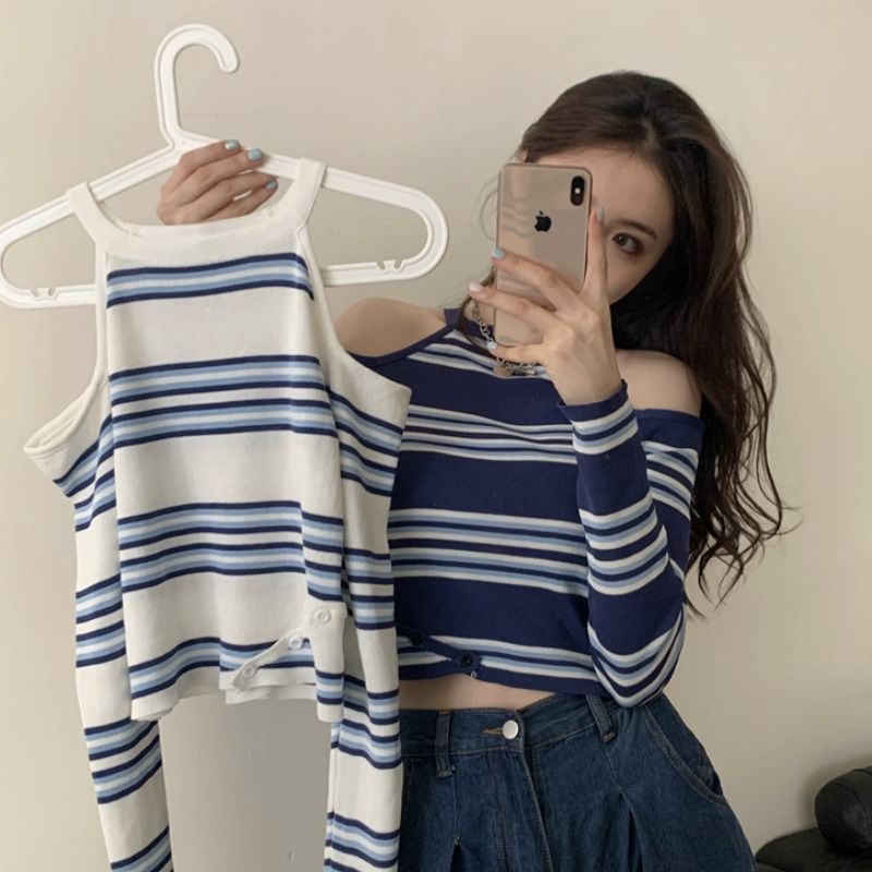 Áo Sweater Tay Dài Hở Vai Họa Tiết Kẻ Sọc Thời Trang Mùa Thu Mới 2022 Cho Nữ