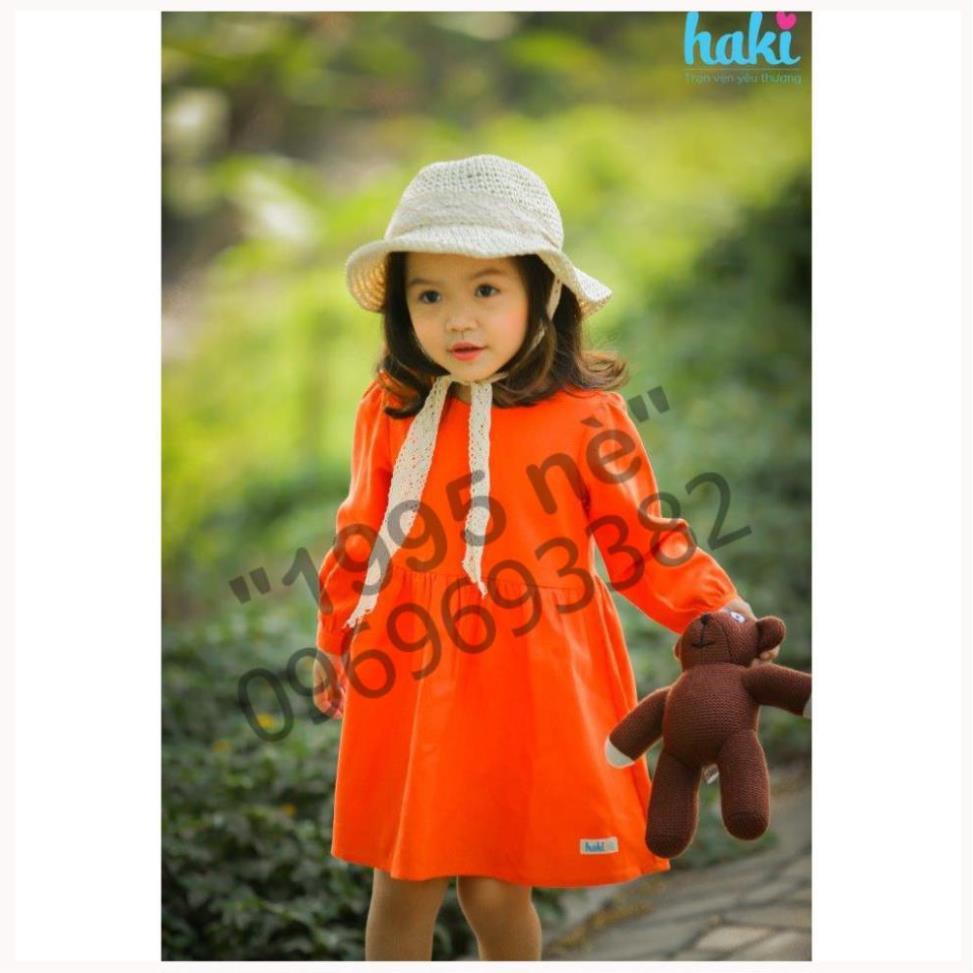 Váy bé gái dài tay Haki vải Linen cao cấp Cam HK493 ( Hàng Việt Nam xuất khẩu)