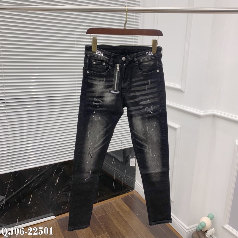 quần jean đen mài rách khoá lệch