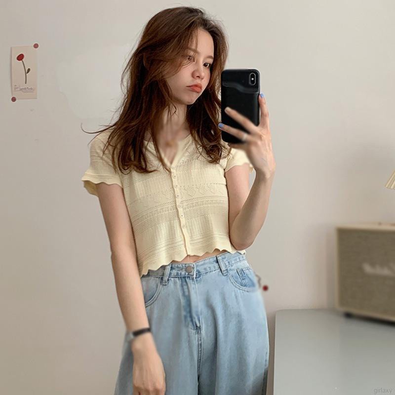 Áo croptop dệt kim tay ngắn cổ chữ v màu sắc đơn giản phong cách Hàn Quốc cho nữ