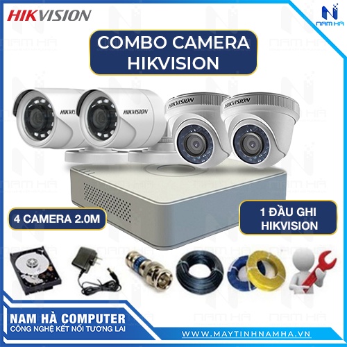 Combo 4 Camera Hikvision 2.0M FullHD + 1 Đầu ghi hình Hikvision 7104 F1/N 1080N H264+ (chưa bao gồm ổ cứng và phụ kiện)
