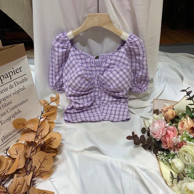 Áo kẻ tay bồng khuy nhún ngực nhiều màu sắc