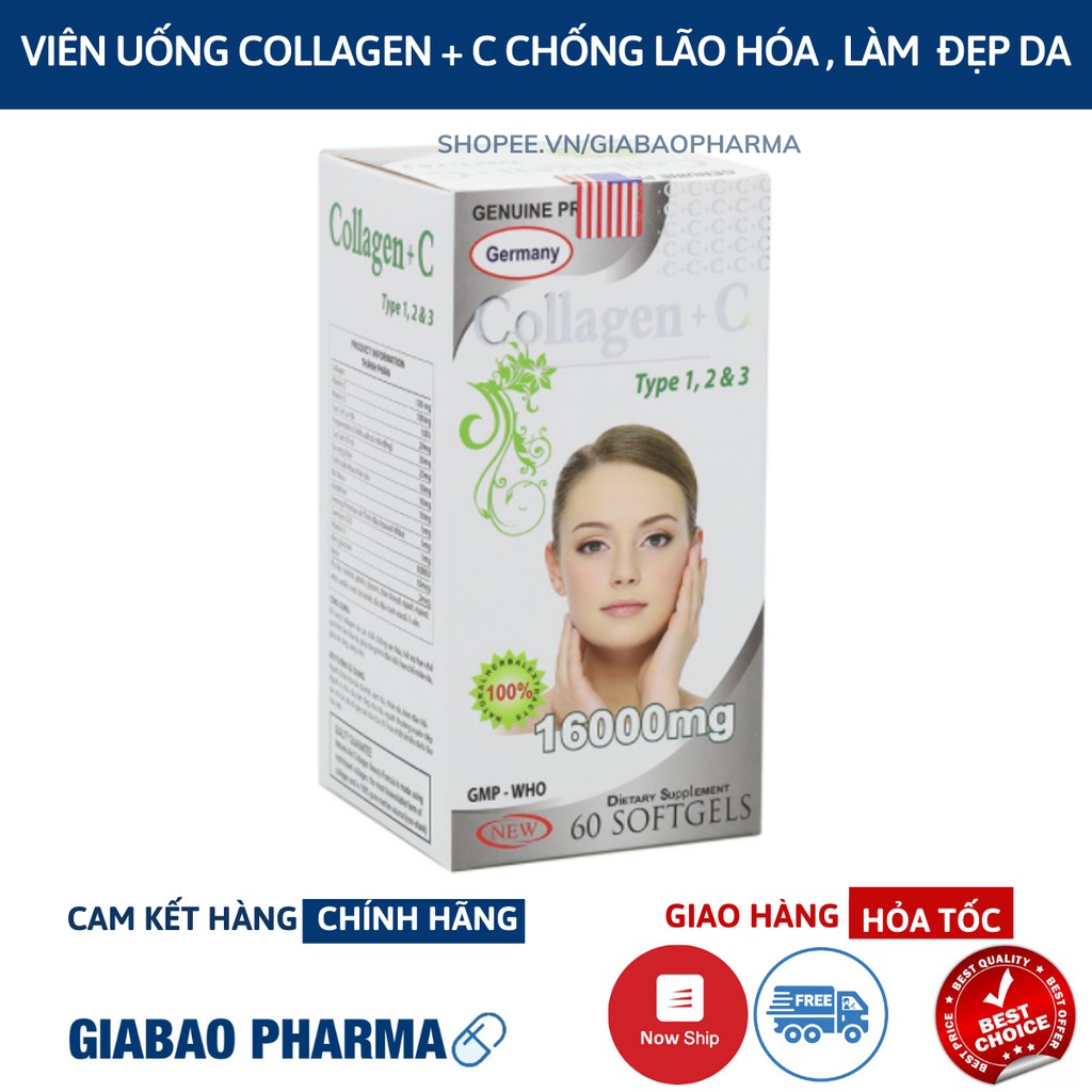 Viên uống COLLAGEN +C bổ sung collagen, vitamin e giúp chống lão hóa, cải thiện nếp nhăn - Hộp 60 viên dùng 30 ngày | Thế Giới Skin Care