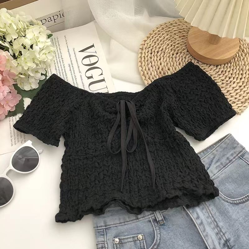 Áo Kiểu Tay Ngắn Màu Trơn Xếp Ly Trẻ Trung Hợp Thời Trang