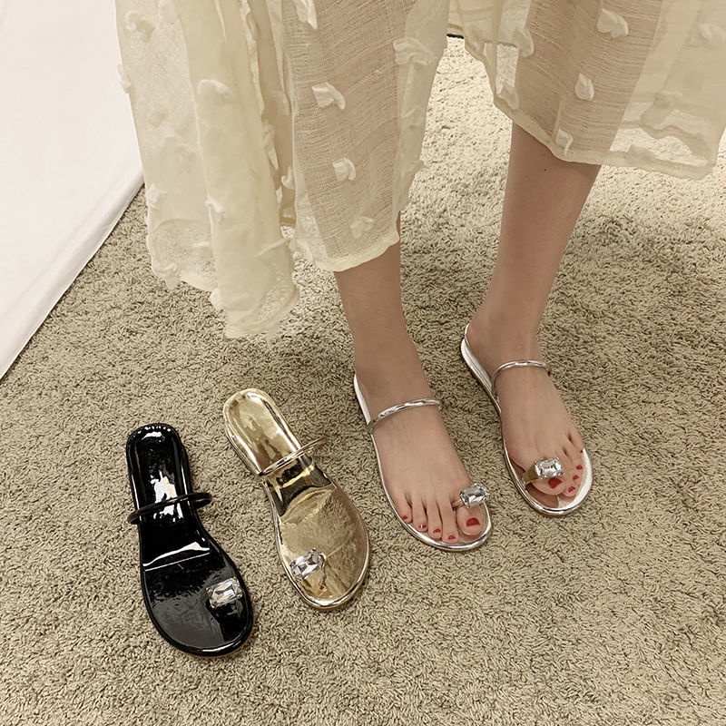 Giày Sandal Xỏ Ngón Đế Bằng Đính Đá Phong Cách Hàn Quốc Thời Trang Mùa Hè Cho Nữ