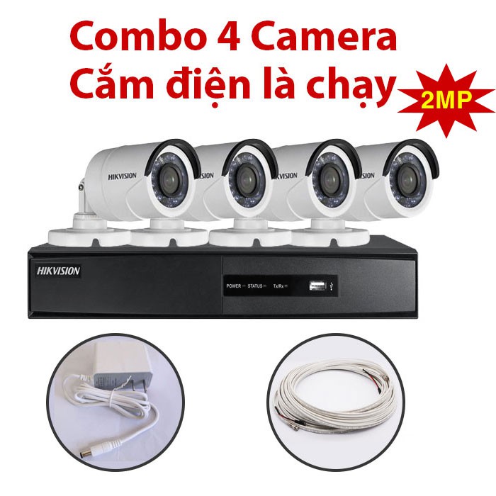 Trọn bộ 4 Camera 2MP DS-2CE16D0T-IR(C) + Đầu ghi hình HIKVISION, có sẵn phụ kiện, cắm điện là chạy