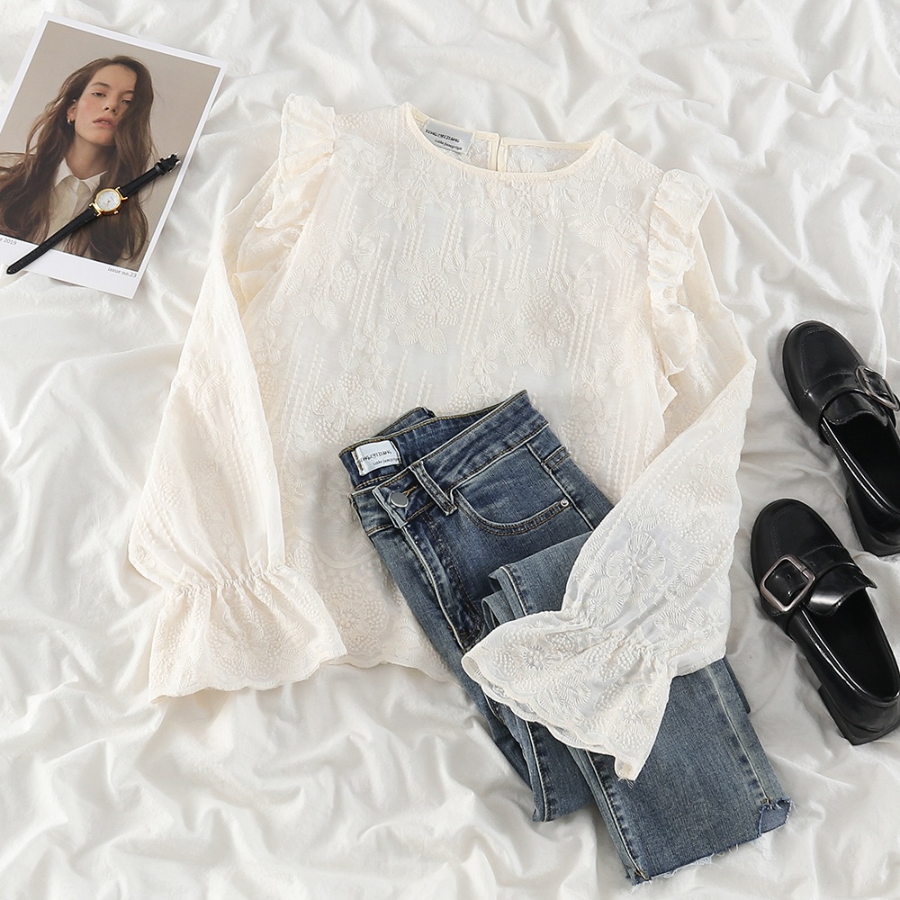 NUZIRO  Áo kiểu  tay dài cổ tròn phối ren thêu hoa dáng rộng thoải mái