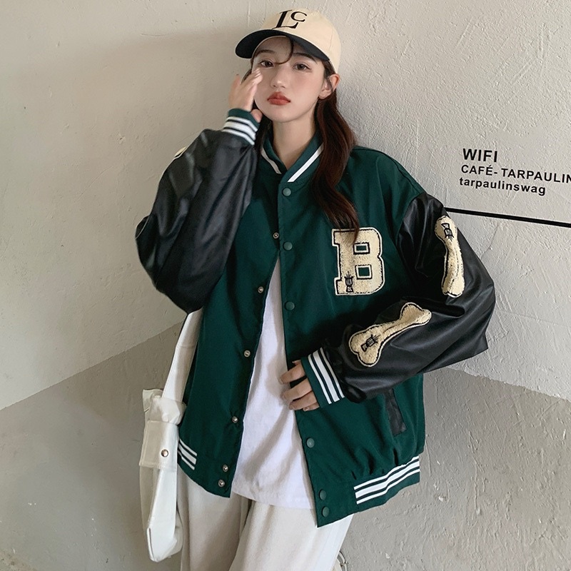 Áo khoác bomber jacket varsity nam nữ màu xanh trendy, chất liệu dạ 2 lớp cao cấp phối tay da- áo bóng chày GUTAO