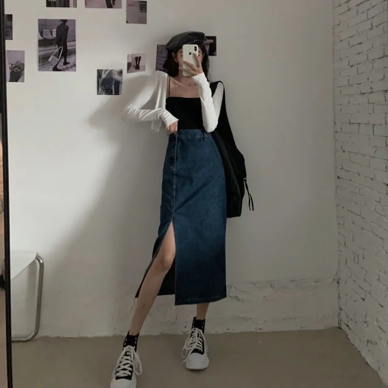 Chân váy jeans dài xẻ tà | BigBuy360 - bigbuy360.vn