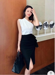Set áo lệch vai chân váy bèo