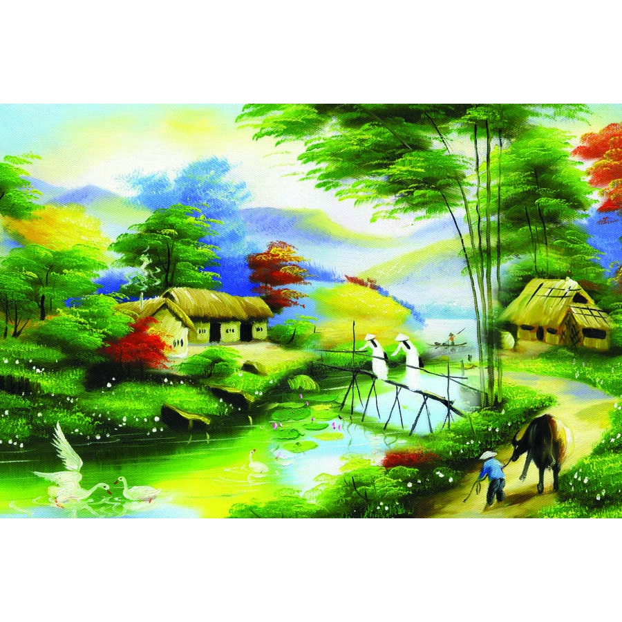 Tranh Làng Quê Thời Xưa Cũ Chuyên Dán Tường 3D, dòng sông uốc quanh làng xóm