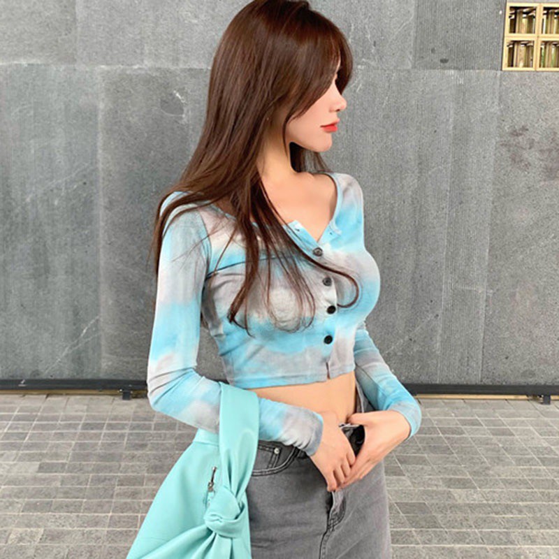 Women's Tie-dyed O-Neck Button Casual Sexy Long-Sleeved Cardigan Tops