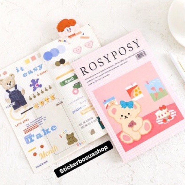 Sổ sticker tổng hợp Rosy Posy phong cách hiện đại, cổ điển, đáng yêu