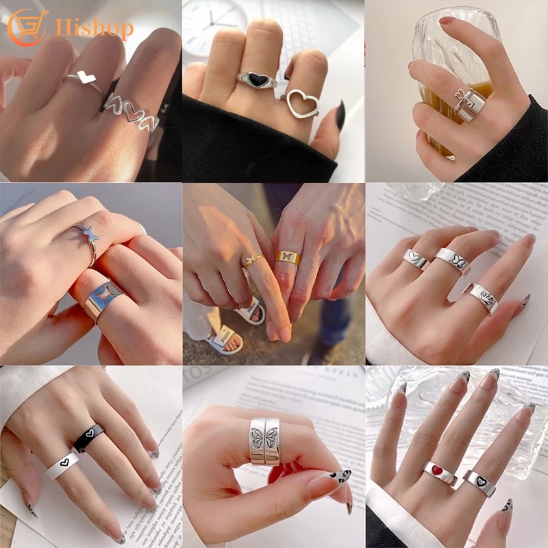 Nhẫn Kim Loại Họa Tiết Sọc Caro Trắng Đen Hình Trái Tim/Bướm Phong Cách Punk Dành Cho Cặp Đôi