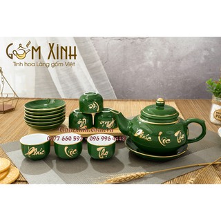 Ấm chén Bát Tràng_Bộ bình trà Phúc Lộc Thọ men ngọc lục bảo chữ vàng kim