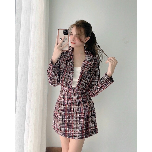 🌸BÉO MỠ SHOP🌸SET DẠ 2 MÓN: ÁO CROP TAY DÀI CỔ VEST - CHÂN VÁY CHỮ A (kèm hình thật)