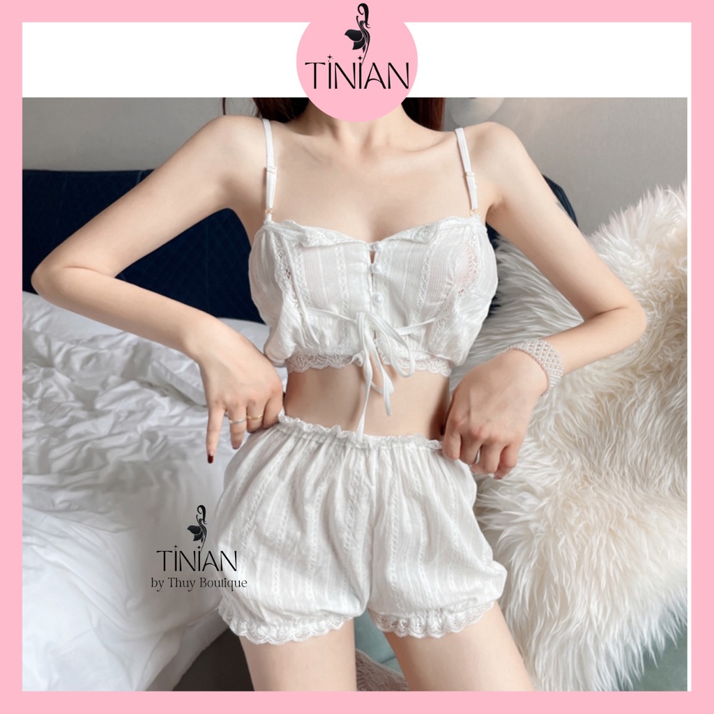 Đồ ngủ nữ bộ 2 dây quần đùi TINIAN dễ thương mặc nhà sexy gợi cảm xô đũi trắng 5092 5123 5297