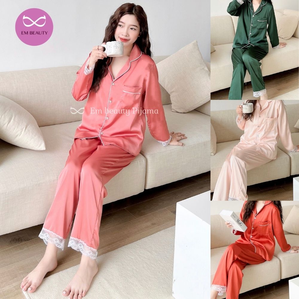 Pijama lụa EMBEAUTY đồ ngủ nữ, bộ mặc nhà dài tay, tiểu thư, sau sinh FREESHIP TẶNG QUÀ_EM14