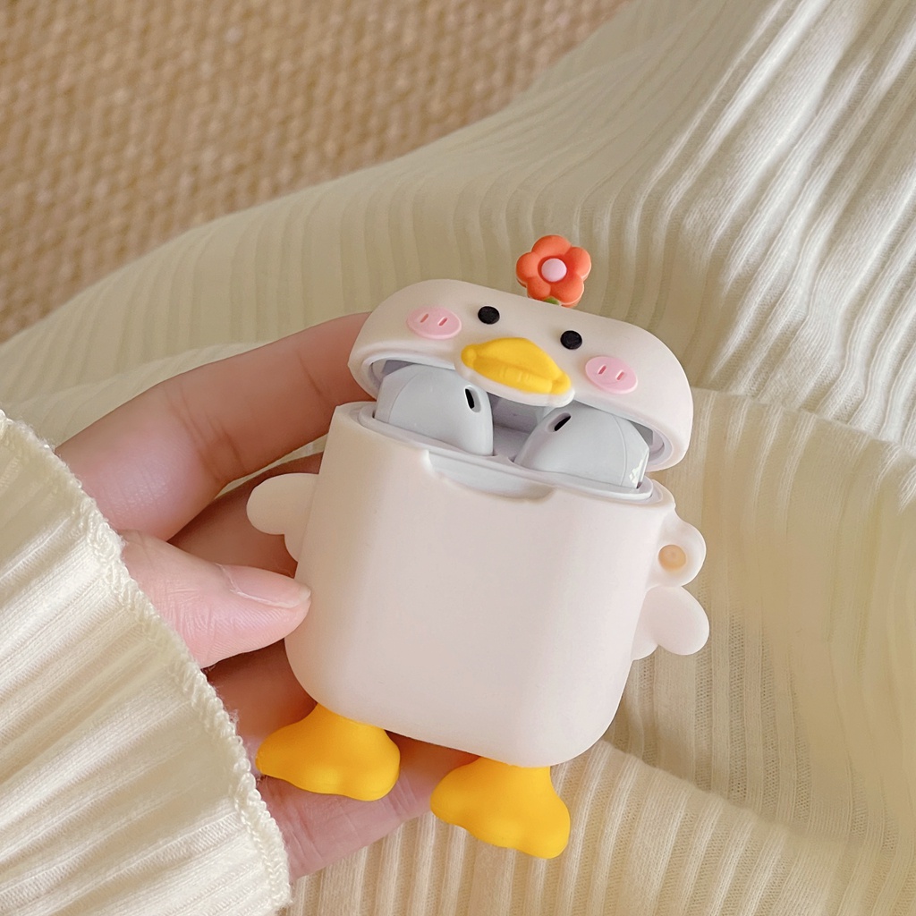 Vỏ Bảo Vệ Hộp Sạc Tai Nghe Airpods 1 2 3 Pro Chống Sốc Hình Chú Vịt Và Hoa Dễ Thương