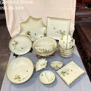 Bộ bát đĩa sứ Bát Tràng cho gia đình - Set 16 món - hoạ tiết hoa đào và chuồn chuồn