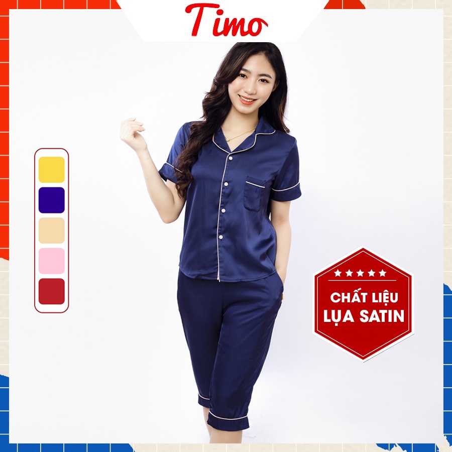 Bộ ngủ nữ, Đồ bộ nữ Pijama mặc nhà chất lụa Satin Nhật cao cấp áo cộc tay quần lửng trơn thiết kế tinh tế - BNN003