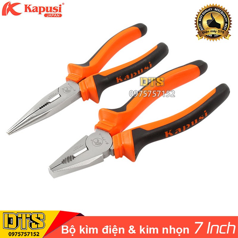 Bộ 2 kìm điện, kìm nhọn công nghiệp kiểu Nhật Kapusi JAPAN 7 inch, thép Niken cao cấp, thiết kế tiết kiệm 30% lực bấm