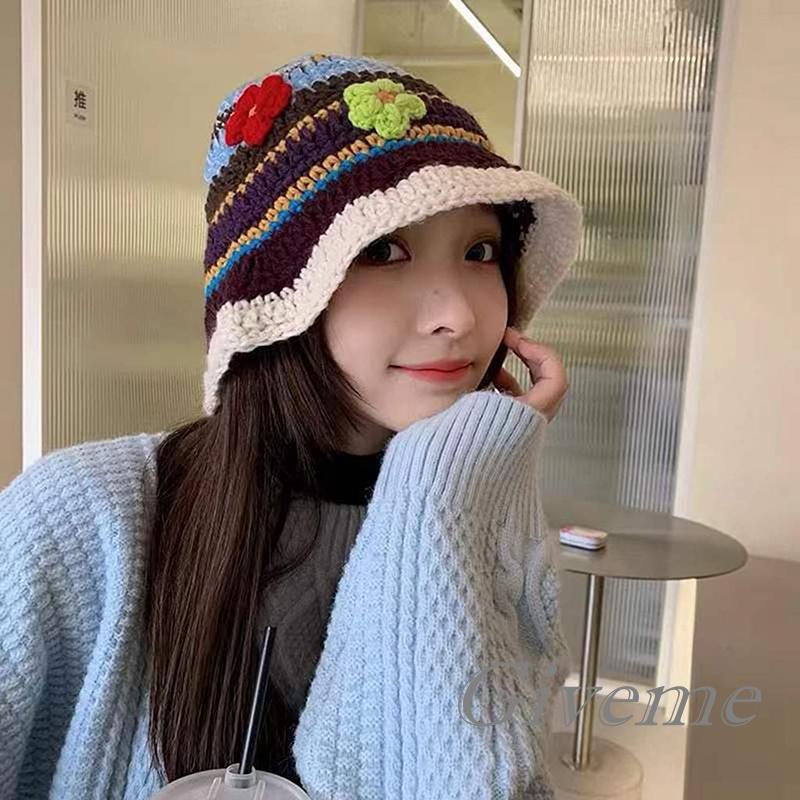 GIVEME-Women Crochet Bucket Hat, Stripe/Stripe-Flower Hollow-Out Fisherman Hats, Ladies Bohemian Beach Head Wear