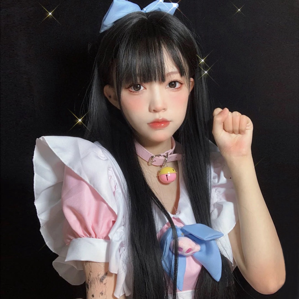 Tóc giả nữ mũ đội đầu thực tế tóc dài thẳng lưới màu đỏ lolita lolita mặt tròn tóc mái bằng jk tóc giả đầy đủ