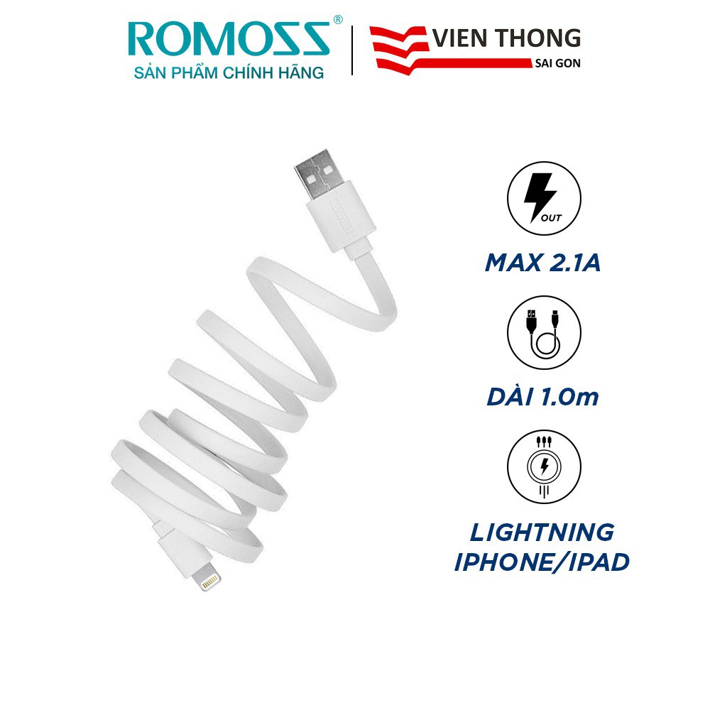 T Cáp sạc nhanh lightning Romoss CB12f chống rối dài 1m/Sạc nhanh 2A cho iPhone/iPad (Wh) - Hãng cung cấp chính thức 3