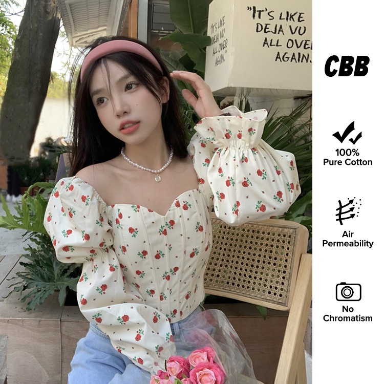 Porozi  Áo kiểu  tay phồng cổ vuông họa tiết hoa phong cách retro Hàn Quốc xinh xắn cho nữ