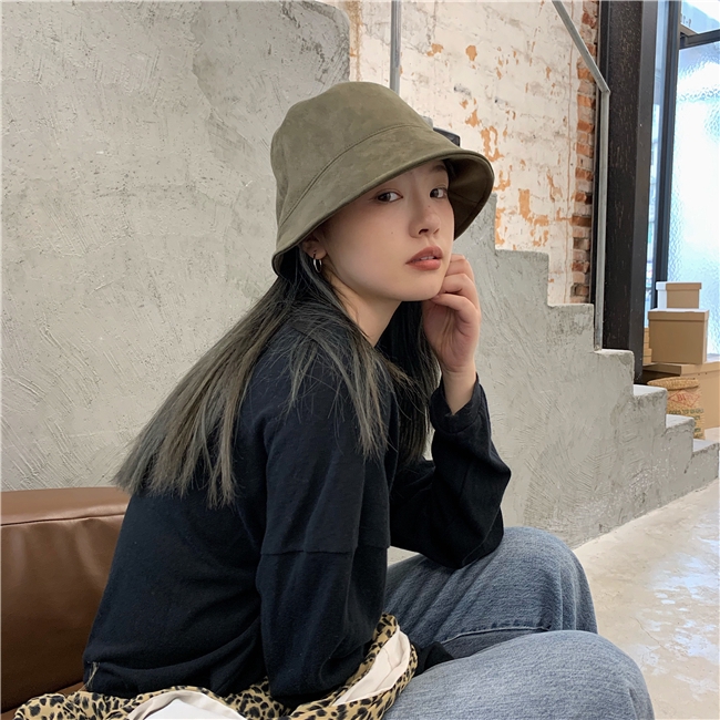 Mũ Bucket Da Lộn Màu Trơn Che Mặt Thời Trang Thu Đông Phong Cách Hàn Quốc Cho Nữ