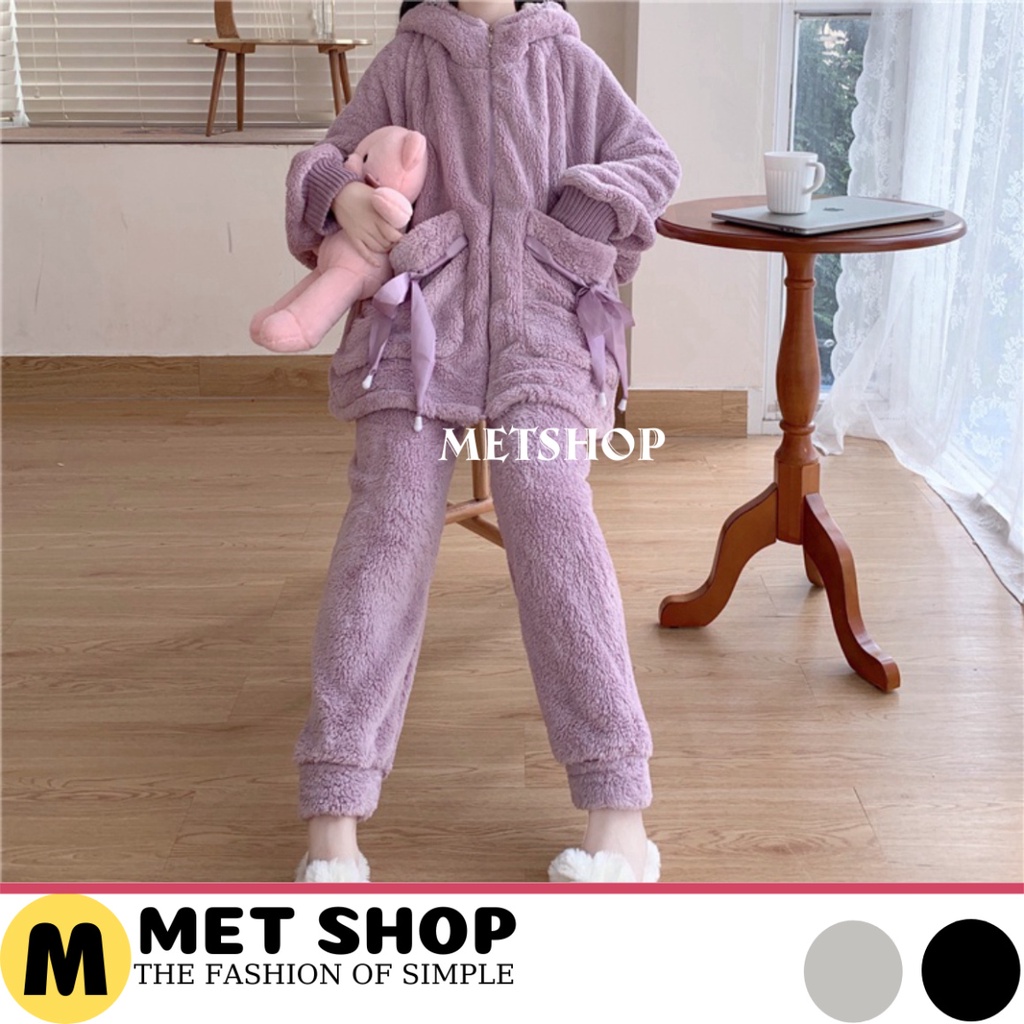 Bộ ngủ lông cừu giữ nhiệt mùa đông túi thắt nơ dễ thương ,BNL02,bộ đồ mặc nhà nhung bông mềm mịn 2 màu hồng tím - METSHO