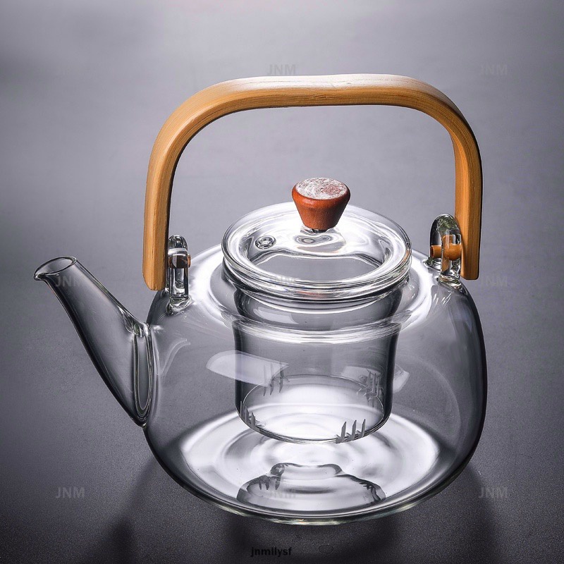 Ấm pha trà thuỷ tinh chịu nhiệt tay gỗ 1000ml có thể đun trên bế ga bếp hồng ngoại