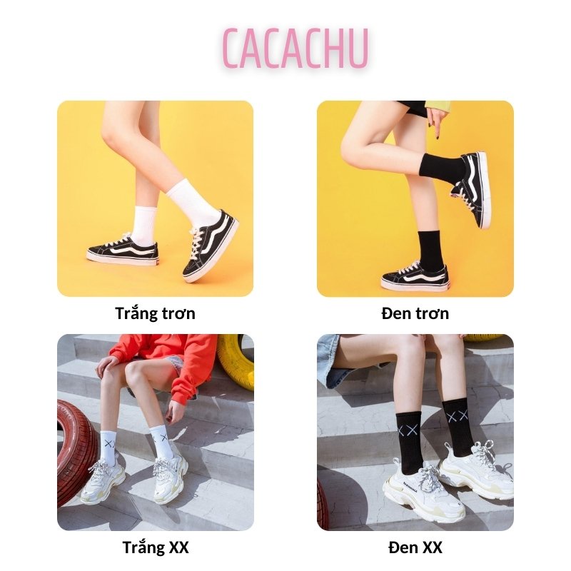 Tất nữ nhún hàn quốc cổ cao cute trắng đen dài dễ thương giá rẻ CACACHU L05, Vớ in dấu XX vintage cá tính cao cấp