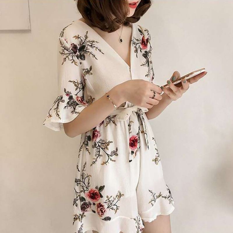 Jumpsuit cổ chữ V lưng cao hoạ tiết hoa cho phái nữ