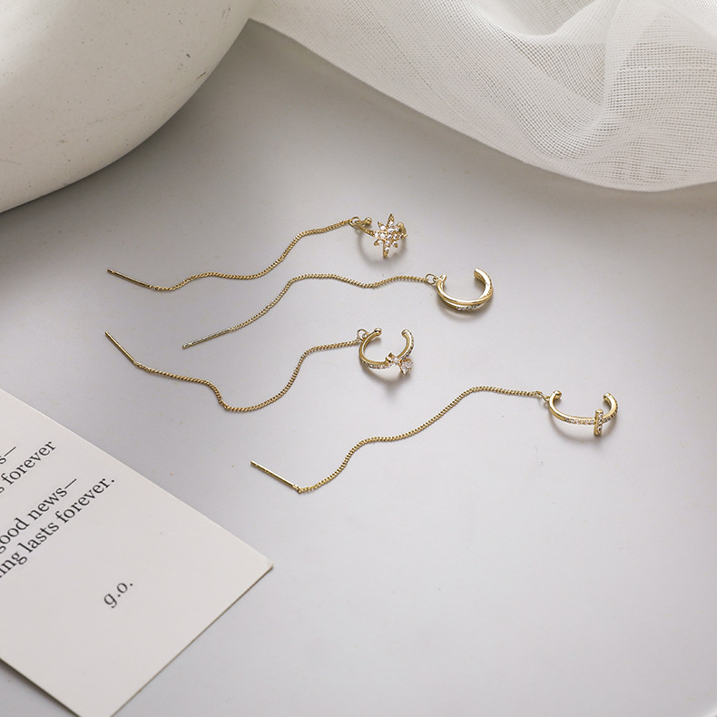 XiaoboACC 1 Chiếc Hoa Tai Thiết Kế Đính Đá Zircon Phối Tua Rua Và Kẹp Tai Phong Cách Hàn Quốc