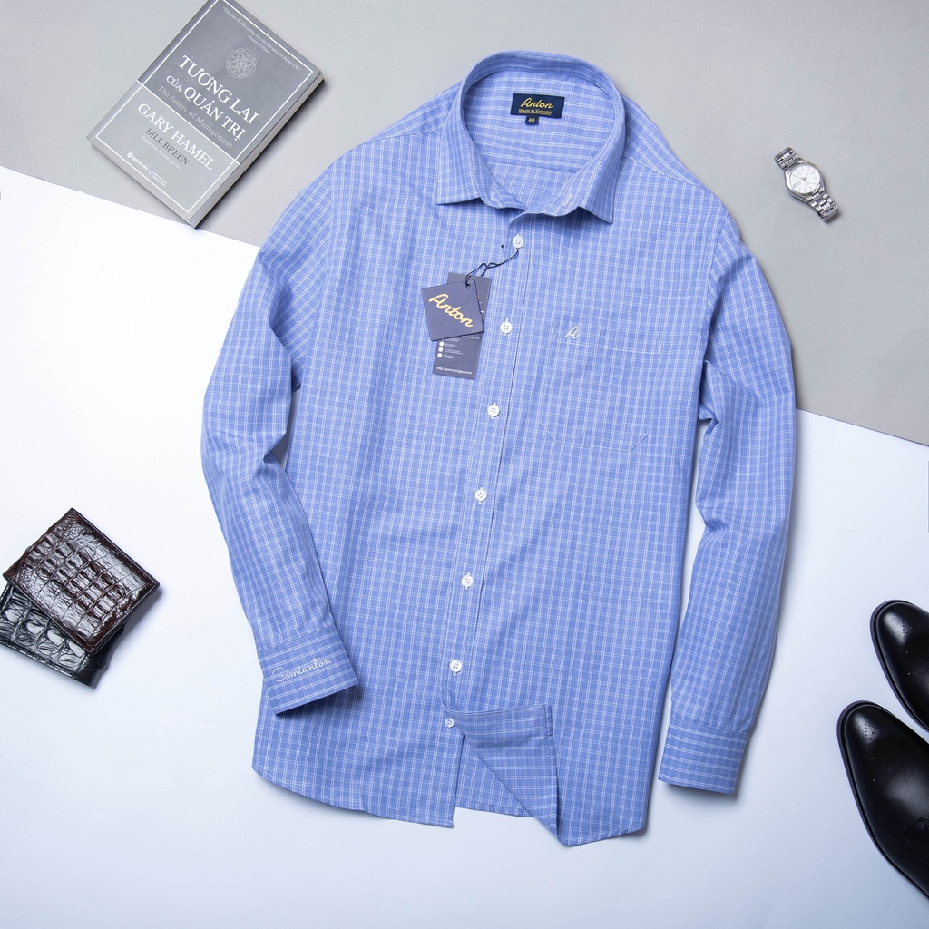 Áo Sơ Mi Nam Công Sở Trung Niên Thương Hiệu Anton Dài Tay Vải Cotton Kẻ Caro Xanh – AC159 | BigBuy360 - bigbuy360.vn
