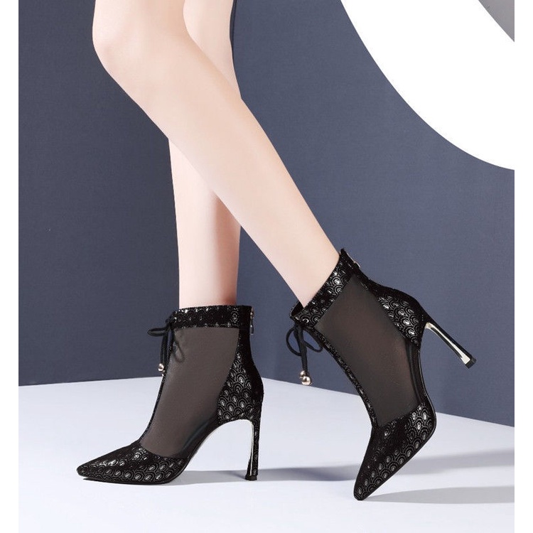 Giày Cao Gót Da Mềm Phối Lưới Thoáng Khí Màu Đen Và Xanh Dương Thời Trang Quyến Rũ Cho Nữ